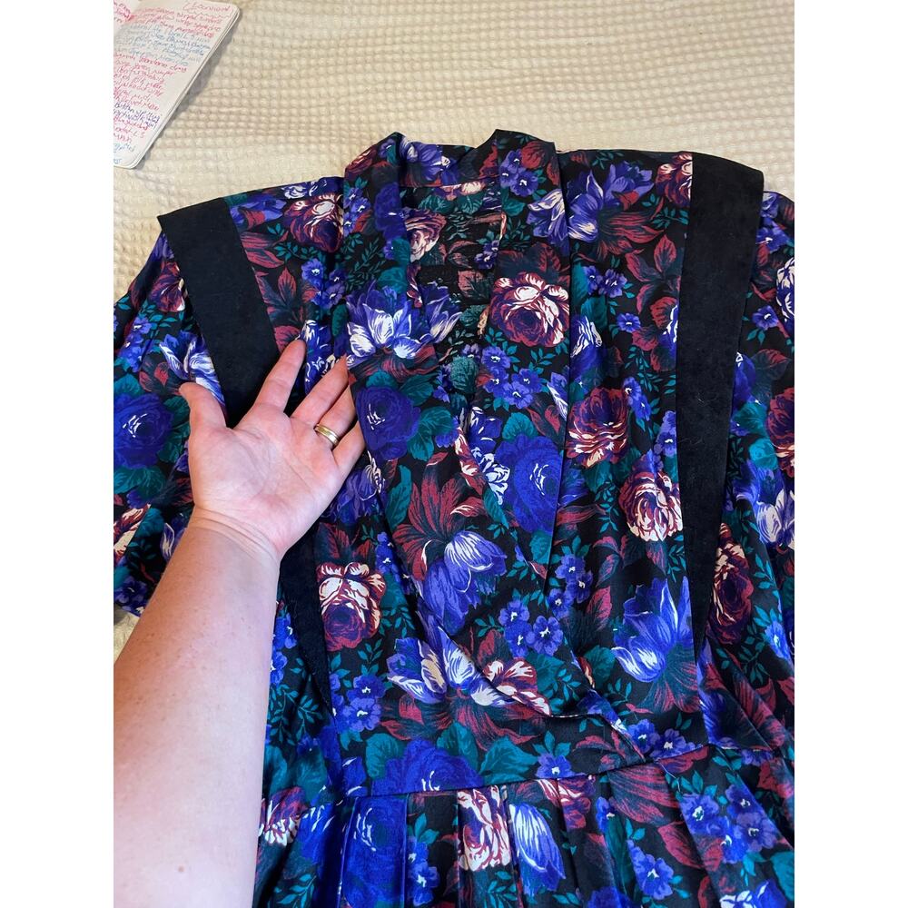 VTG 80's 90's Blue & Purple Floral Grandma Core V Neck Retro Long Sleeve Dress 4 - Picture 13 of 14